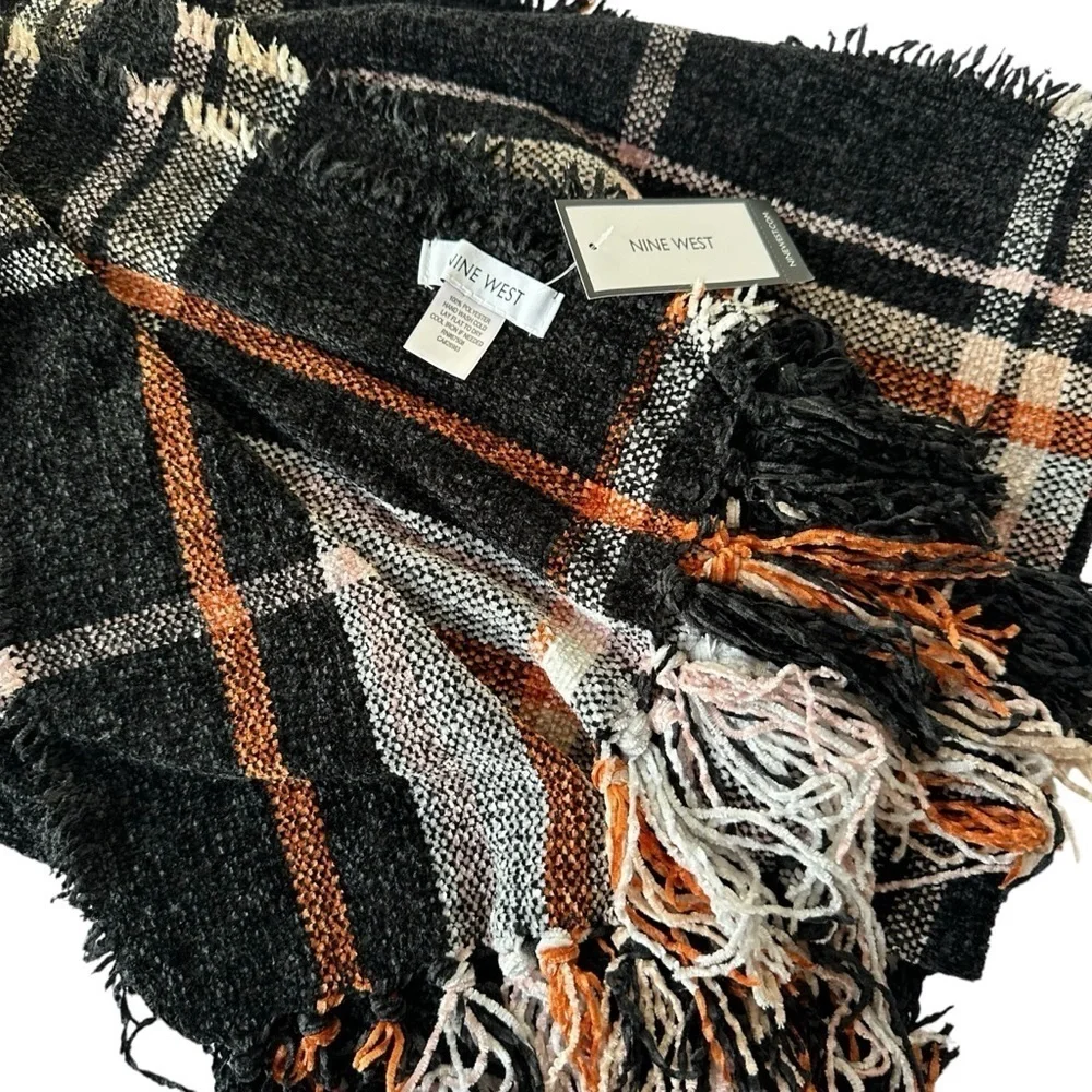Nine West Cozy Black and Orange Oversized Fringed Scarf